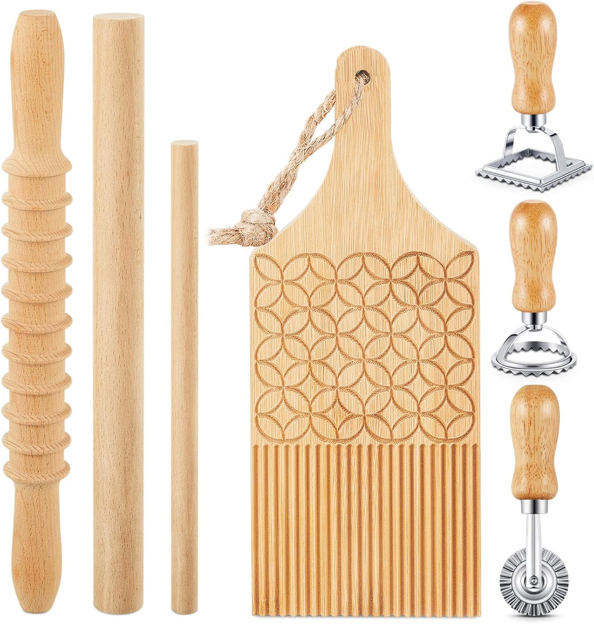7 Pcs wooden pasta board Kit beechwood, Classic Gnocchi Board Set