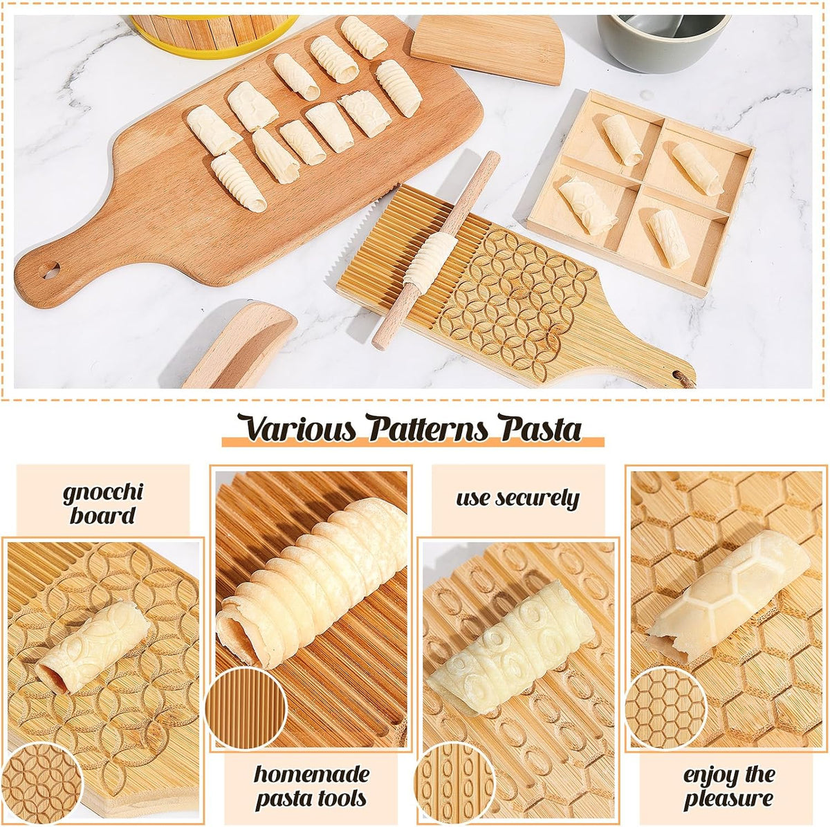 7 Pcs wooden pasta board Kit beechwood, Classic Gnocchi Board Set