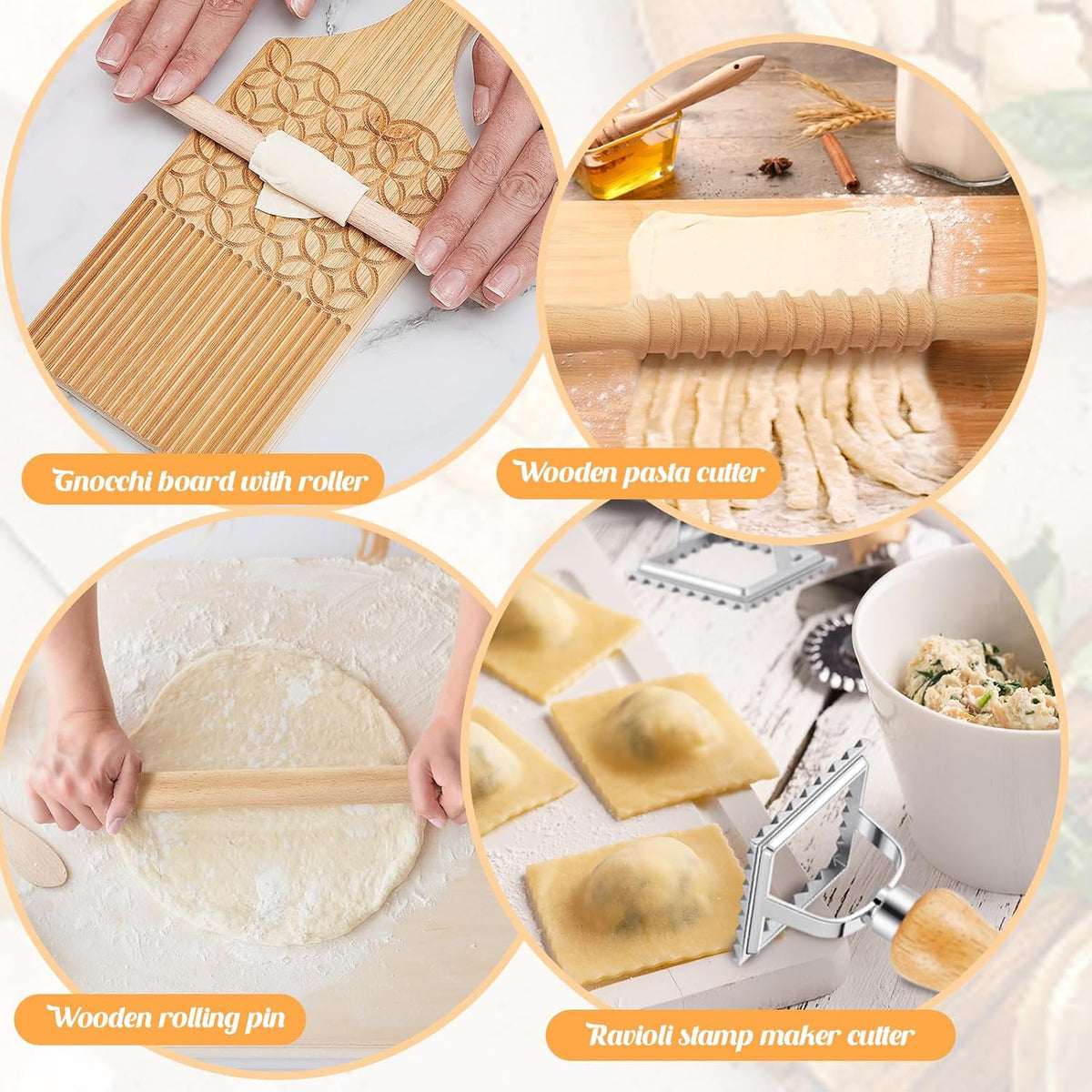 7 Pcs wooden pasta board Kit beechwood, Classic Gnocchi Board Set