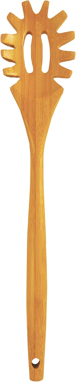 14" Spaghetti Spoon – Natural Bamboo Pasta Server with Teeth | Eco-Friendly, Nonstick Safe, Durable Kitchen Utensil