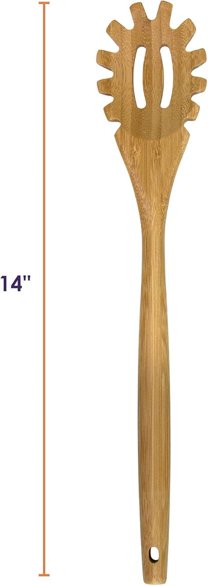 14" Spaghetti Spoon – Natural Bamboo Pasta Server with Teeth | Eco-Friendly, Nonstick Safe, Durable Kitchen Utensil