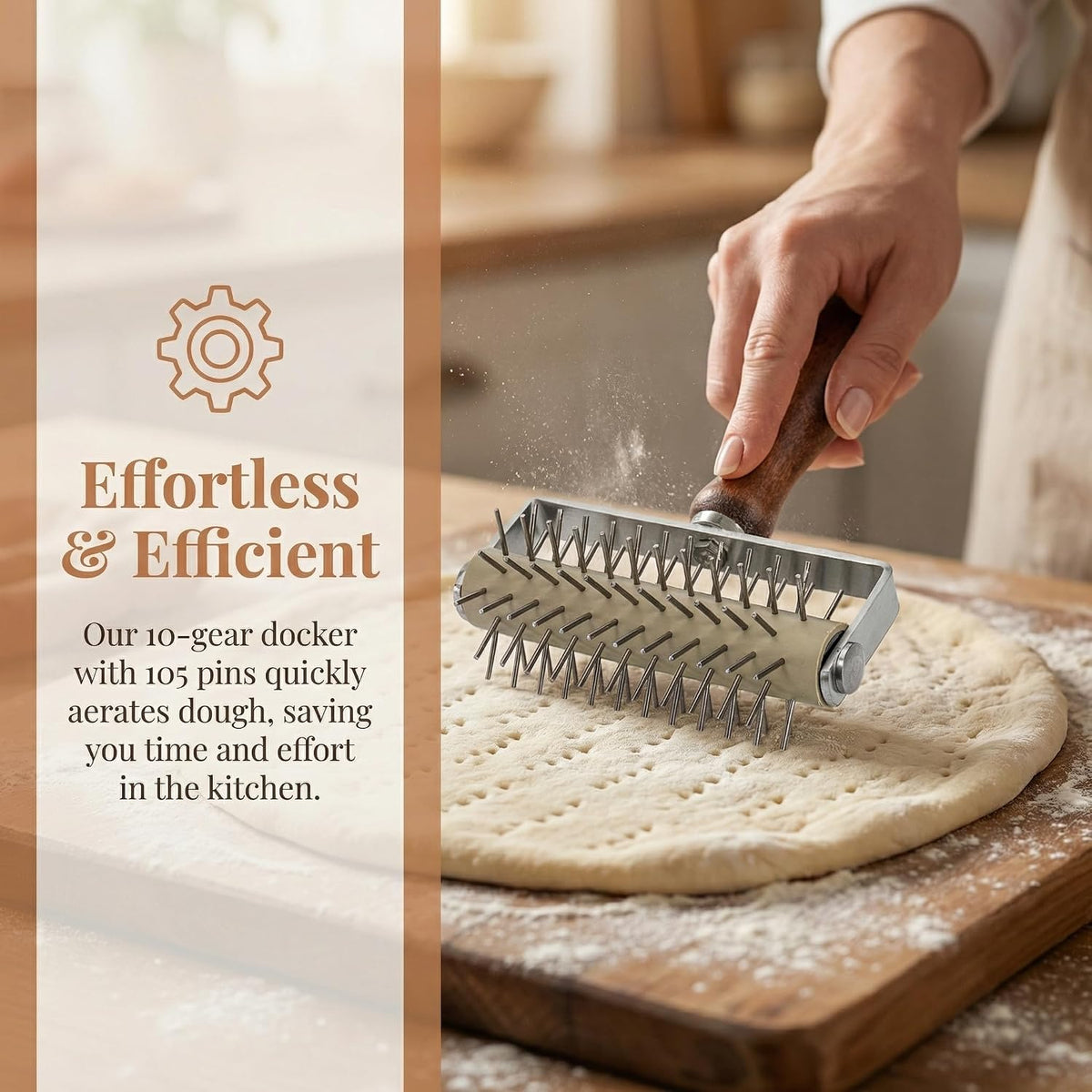 Set of 2 Pizza Dough Roller & Dough Docker, Stainless Steel Dough Hole Maker Puncher Wooden Rolling Pin for Pizza, Cookie, Pie, Pastry, Bread, Crust