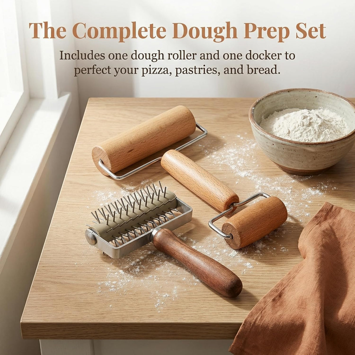 Set of 2 Pizza Dough Roller & Dough Docker, Stainless Steel Dough Hole Maker Puncher Wooden Rolling Pin for Pizza, Cookie, Pie, Pastry, Bread, Crust