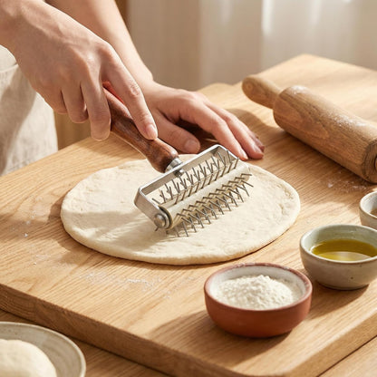 Set of 2 Pizza Dough Roller & Dough Docker, Stainless Steel Dough Hole Maker Puncher Wooden Rolling Pin for Pizza, Cookie, Pie, Pastry, Bread, Crust