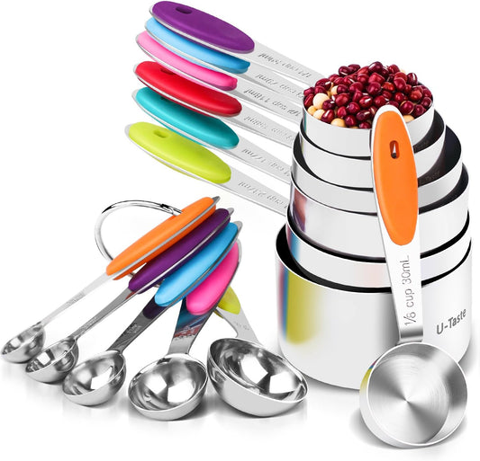 Measuring Cups Spoons Set, 18/8 Stainless Steel, 12Pcs, Multicolor | Upgraded Thickened Handle, Reinforced Welded Joints, Nested Stackable Design, Metal Measure Set for Kitchen Baking Cooking