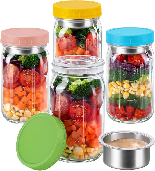4 Pack 32 oz Glass Salad Jars with Dressing Cups (Pod) - Meal Prep Salad Container for Lunch - Leakproof Mason Jars with Lids