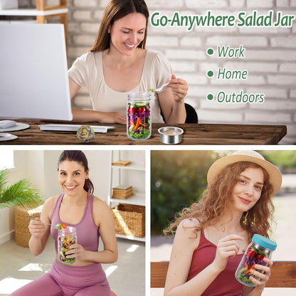 4 Pack 32 oz Glass Salad Jars with Dressing Cups (Pod) - Meal Prep Salad Container for Lunch - Leakproof Mason Jars with Lids