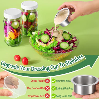4 Pack 32 oz Glass Salad Jars with Dressing Cups (Pod) - Meal Prep Salad Container for Lunch - Leakproof Mason Jars with Lids