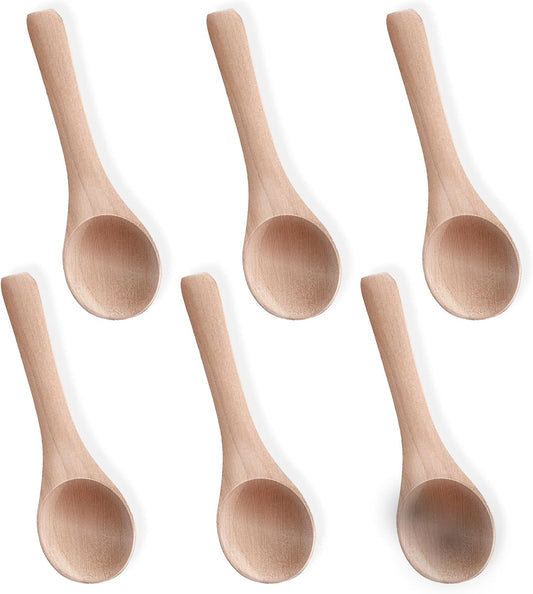 6PCS Salt Spoon, Small Wooden Spoons, 3.94 Inch Mini Teaspoons for Honey, Sugar, Spice Jars, Coffee, Jam, Condiments, Ideal Kitchen Gift (Wood Color)