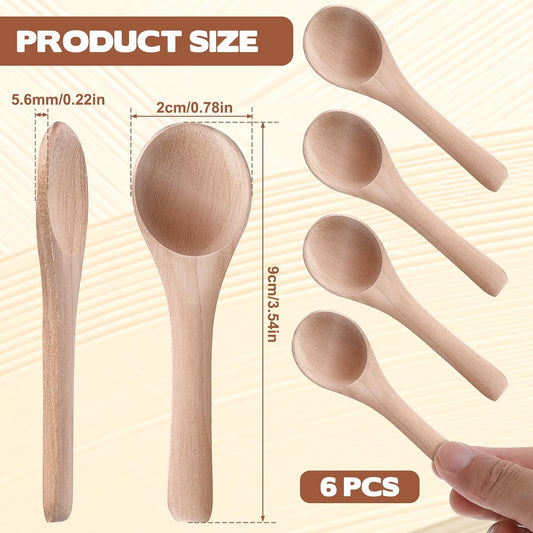 6PCS Salt Spoon, Small Wooden Spoons, 3.94 Inch Mini Teaspoons for Honey, Sugar, Spice Jars, Coffee, Jam, Condiments, Ideal Kitchen Gift (Wood Color)