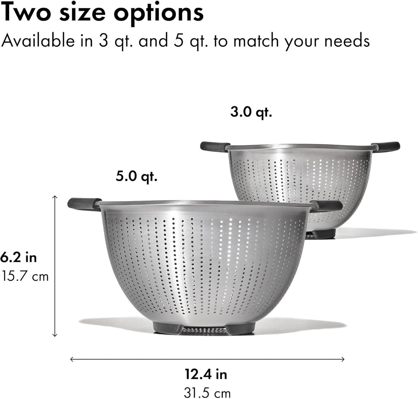 Good Grips Stainless Steel Colander, 5 qt. Capacity, Strainer with Non-Slip Handles, Kitchen Colander for Pasta and Vegetables, Nesting Stainless Steel Strainer and Sieve
