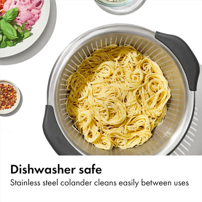 Good Grips Stainless Steel Colander, 5 qt. Capacity, Strainer with Non-Slip Handles, Kitchen Colander for Pasta and Vegetables, Nesting Stainless Steel Strainer and Sieve
