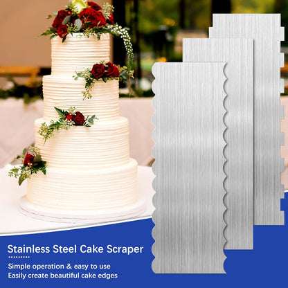 3 Pcs Stainless Steel Cake Scraper, 8.6-inch Double Sided Patterned Edge Stripe Edge Smoother Scraper, Cake Decorating Comb Metal Cake Scraper for Butter Mousse Cream Decoration