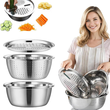 3 in 1 Stainless Steel Grater Shredder Slicer with Colander Drain Basin Bowl,Salad Spinner Fruit Vegetable Rice Washing Strainer Basket Bowl,Rice Rinser Food Graters with Container (9.4in)