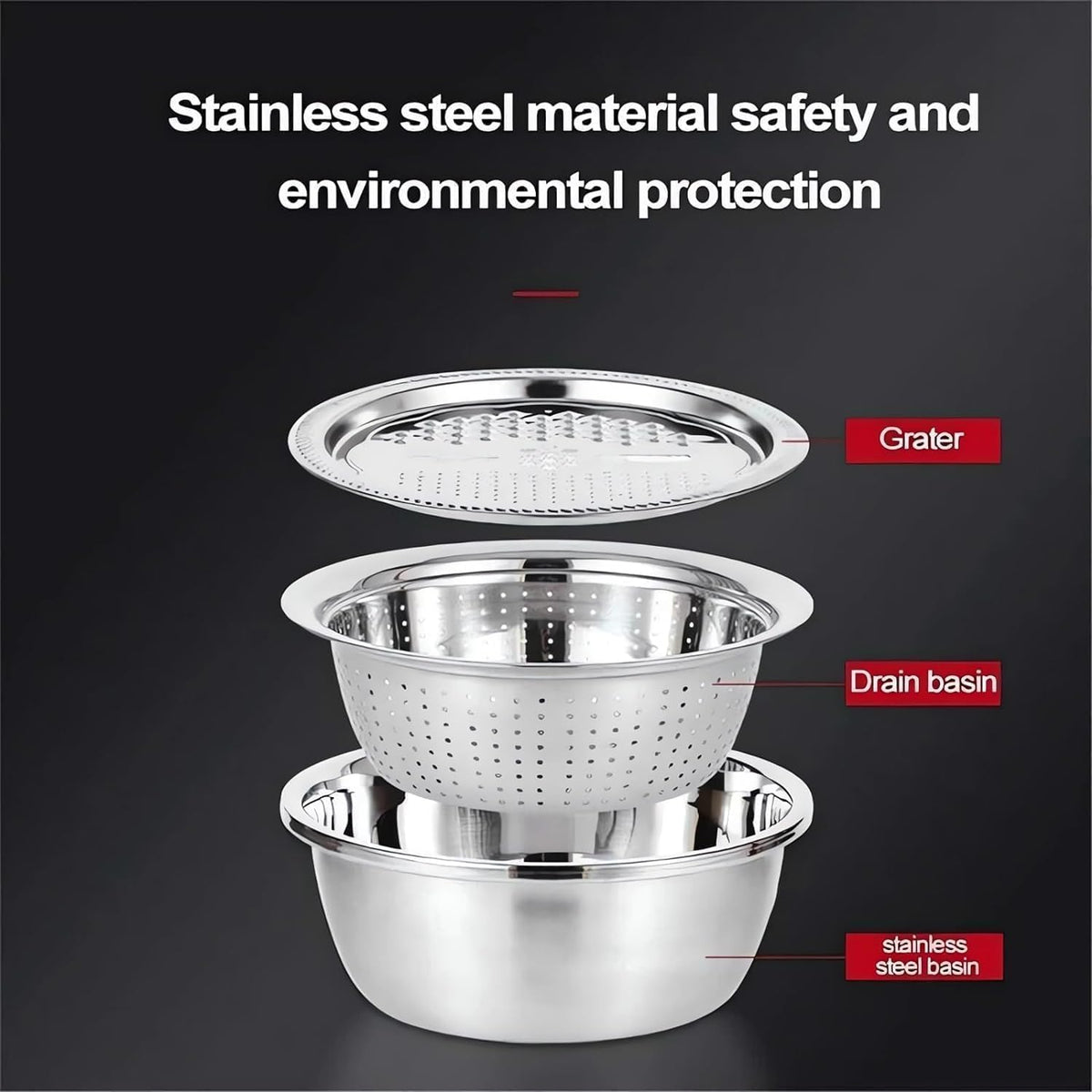 3 in 1 Stainless Steel Grater Shredder Slicer with Colander Drain Basin Bowl,Salad Spinner Fruit Vegetable Rice Washing Strainer Basket Bowl,Rice Rinser Food Graters with Container (9.4in)
