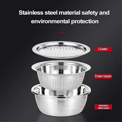 3 in 1 Stainless Steel Grater Shredder Slicer with Colander Drain Basin Bowl,Salad Spinner Fruit Vegetable Rice Washing Strainer Basket Bowl,Rice Rinser Food Graters with Container (9.4in)