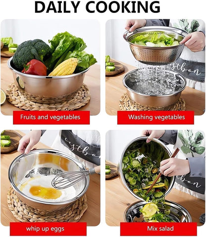3 in 1 Stainless Steel Grater Shredder Slicer with Colander Drain Basin Bowl,Salad Spinner Fruit Vegetable Rice Washing Strainer Basket Bowl,Rice Rinser Food Graters with Container (9.4in)