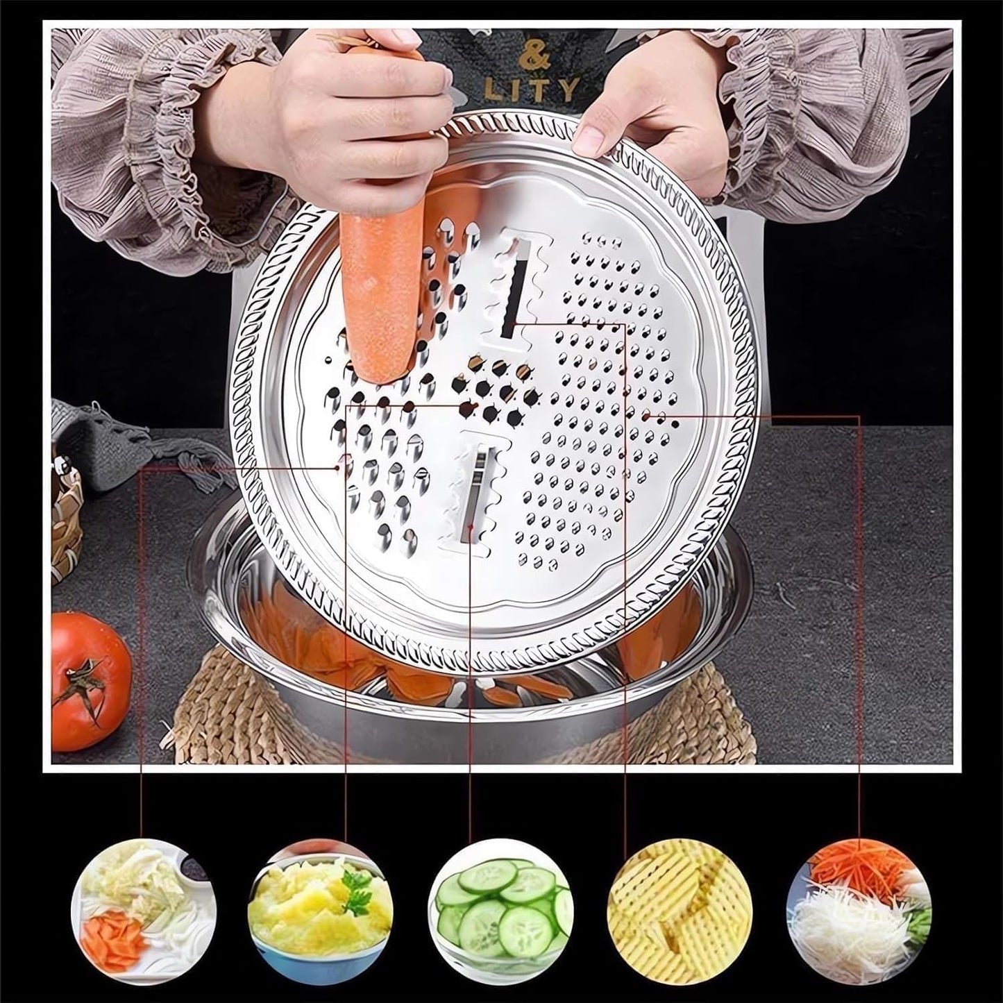 3 in 1 Stainless Steel Grater Shredder Slicer with Colander Drain Basin Bowl,Salad Spinner Fruit Vegetable Rice Washing Strainer Basket Bowl,Rice Rinser Food Graters with Container (9.4in)