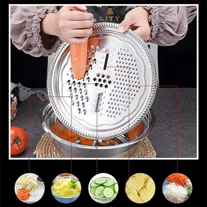 3 in 1 Stainless Steel Grater Shredder Slicer with Colander Drain Basin Bowl,Salad Spinner Fruit Vegetable Rice Washing Strainer Basket Bowl,Rice Rinser Food Graters with Container (9.4in)