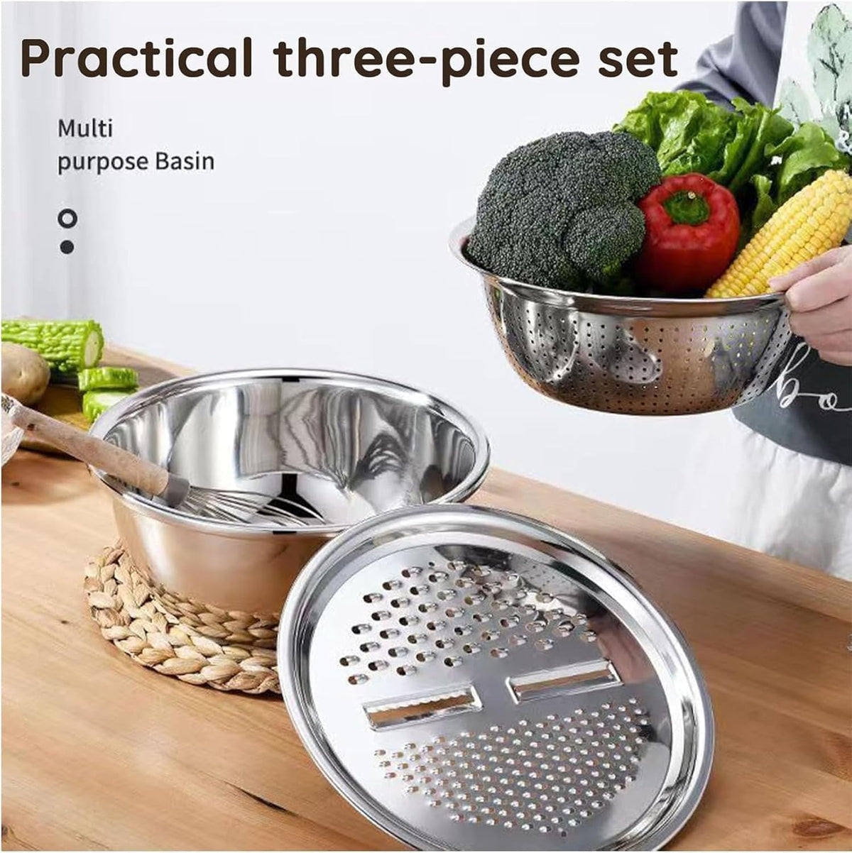 3 in 1 Stainless Steel Grater Shredder Slicer with Colander Drain Basin Bowl,Salad Spinner Fruit Vegetable Rice Washing Strainer Basket Bowl,Rice Rinser Food Graters with Container (9.4in)
