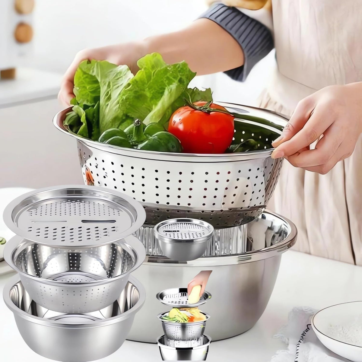 3 in 1 Stainless Steel Grater Shredder Slicer with Colander Drain Basin Bowl,Salad Spinner Fruit Vegetable Rice Washing Strainer Basket Bowl,Rice Rinser Food Graters with Container (9.4in)