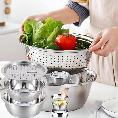 3 in 1 Stainless Steel Grater Shredder Slicer with Colander Drain Basin Bowl,Salad Spinner Fruit Vegetable Rice Washing Strainer Basket Bowl,Rice Rinser Food Graters with Container (9.4in)