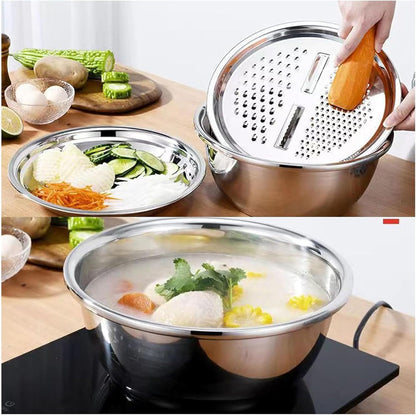 3 in 1 Stainless Steel Grater Shredder Slicer with Colander Drain Basin Bowl,Salad Spinner Fruit Vegetable Rice Washing Strainer Basket Bowl,Rice Rinser Food Graters with Container (9.4in)