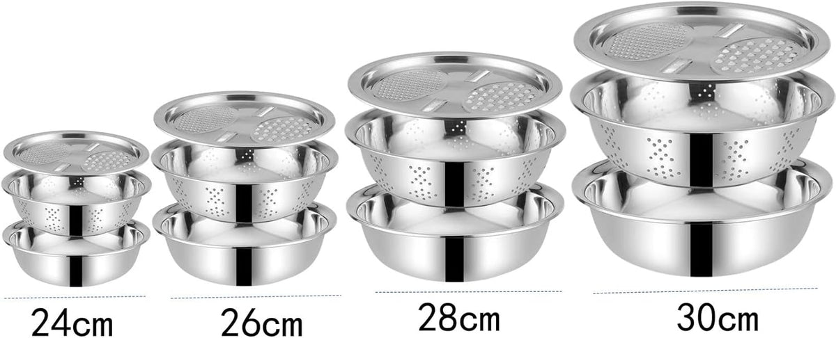3 in 1 Stainless Steel Grater Shredder Slicer with Colander Drain Basin Bowl,Salad Spinner Fruit Vegetable Rice Washing Strainer Basket Bowl,Rice Rinser Food Graters with Container (9.4in)