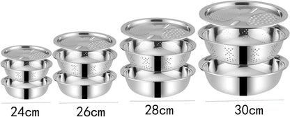 3 in 1 Stainless Steel Grater Shredder Slicer with Colander Drain Basin Bowl,Salad Spinner Fruit Vegetable Rice Washing Strainer Basket Bowl,Rice Rinser Food Graters with Container (9.4in)