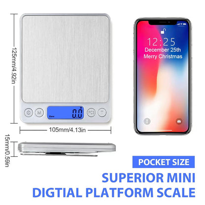 Food Scale, Rechargeable Kitchen Scale with Trays 3000g/0.1g, Mini Scale with Tare Function Digital Scale Grams and Ounces for Weight Loss, Dieting, Cooking, Meal Prep, Coffee, Jewelry