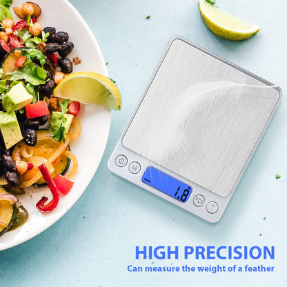 Food Scale, Rechargeable Kitchen Scale with Trays 3000g/0.1g, Mini Scale with Tare Function Digital Scale Grams and Ounces for Weight Loss, Dieting, Cooking, Meal Prep, Coffee, Jewelry