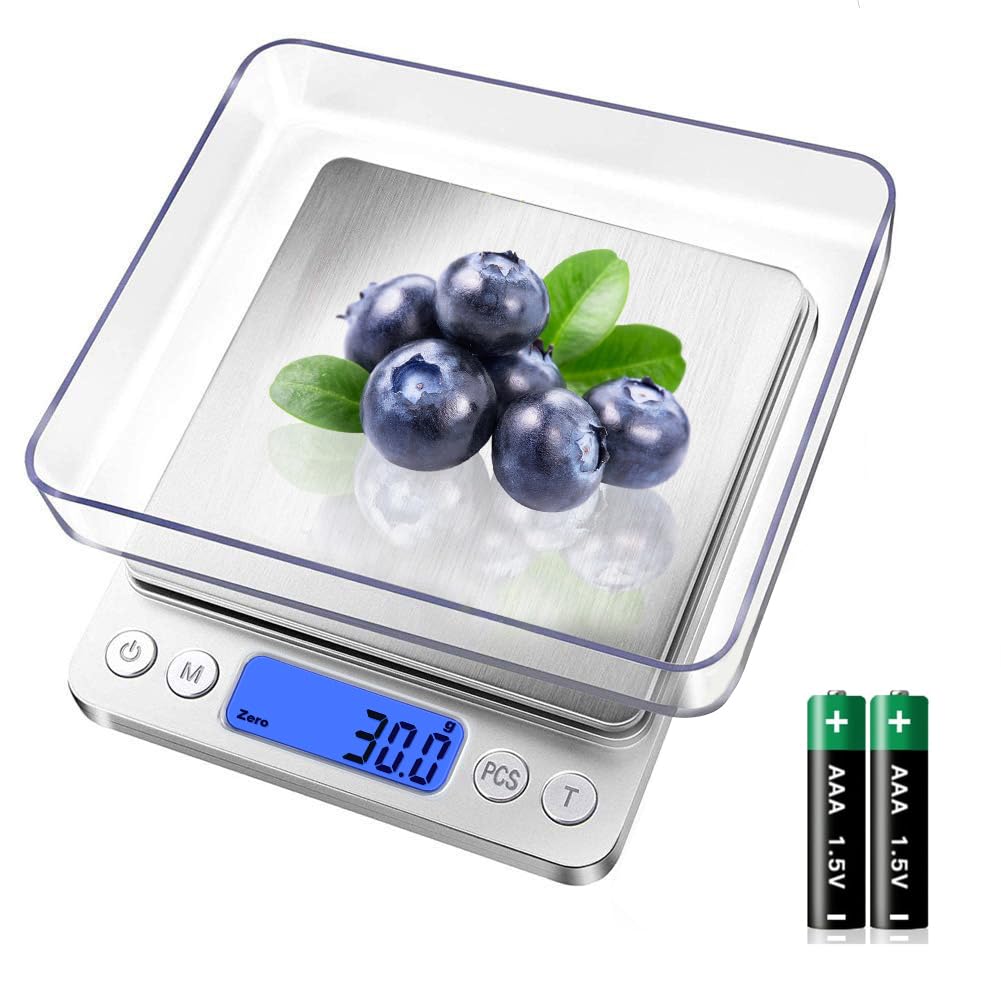 Food Scale, Rechargeable Kitchen Scale with Trays 3000g/0.1g, Mini Scale with Tare Function Digital Scale Grams and Ounces for Weight Loss, Dieting, Cooking, Meal Prep, Coffee, Jewelry