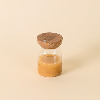Studio Totter Salad Dressing Shaker | Handblown Glass Mixer Ash Wood Lid & Silicone Gasket Leak-Free Emulsifying | Prep, Store & Serve Dressings Modern Minimalist Dinner Table Hostess Gift