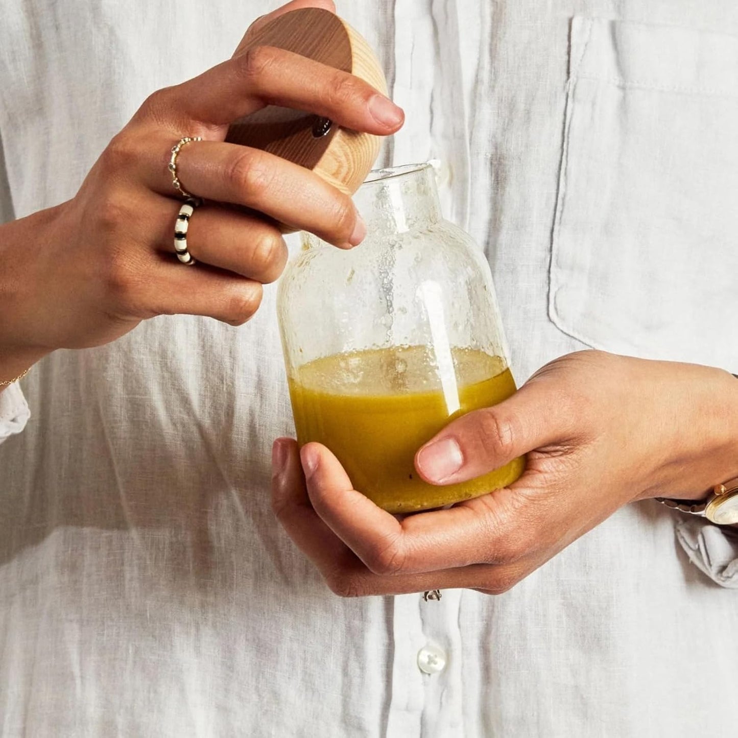 Studio Totter Salad Dressing Shaker | Handblown Glass Mixer Ash Wood Lid & Silicone Gasket Leak-Free Emulsifying | Prep, Store & Serve Dressings Modern Minimalist Dinner Table Hostess Gift