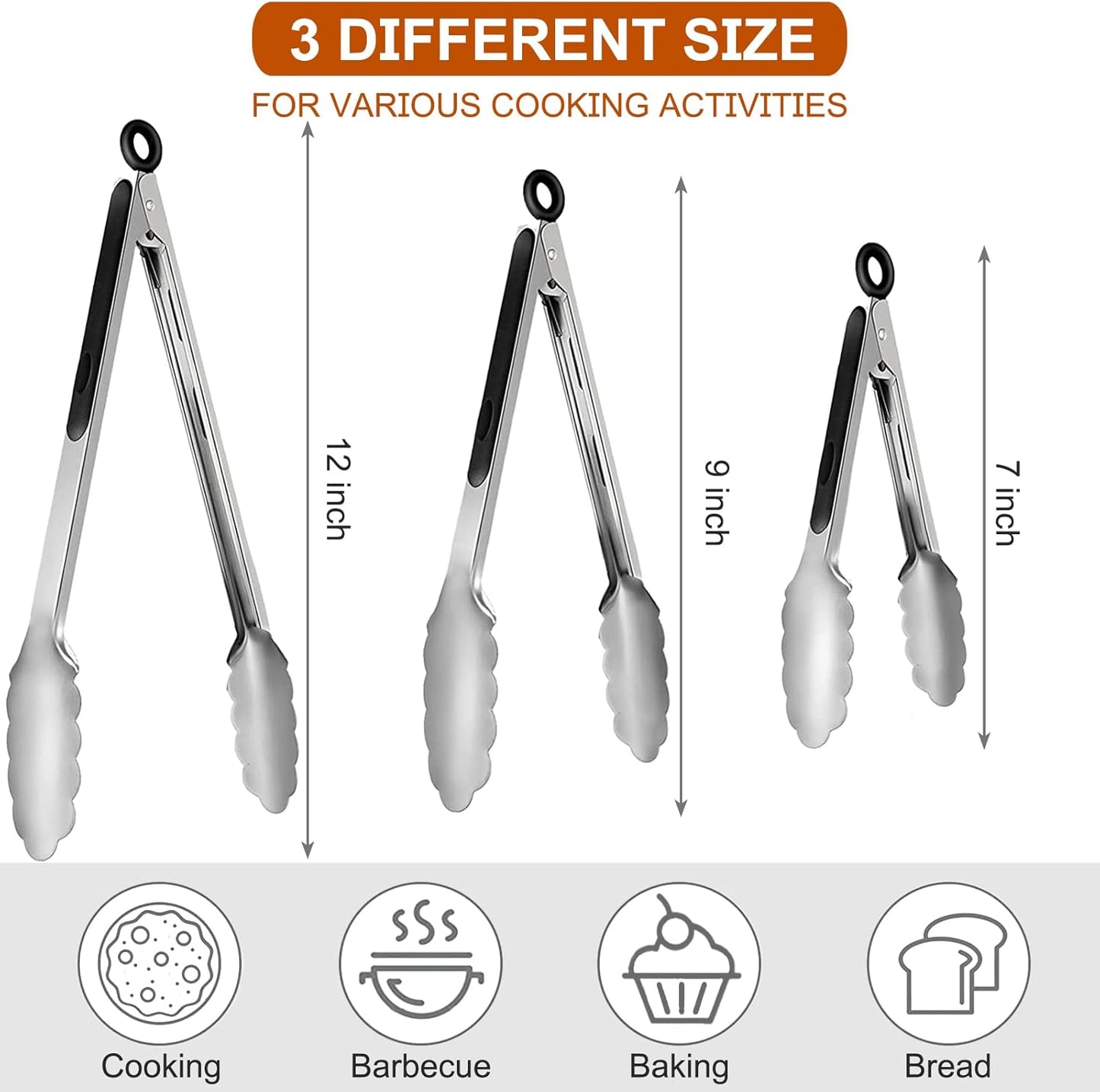 9 Pieces Stainless Steel Kitchen Tongs Grilling Locking Cooking Tongs Non-Slip Metal Food Tongs for Cooking, Salad and BBQ, 7, 9 and 12 Inch