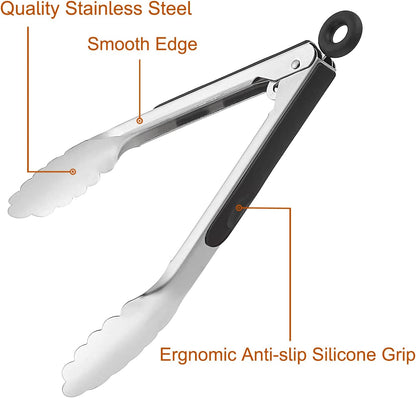 9 Pieces Stainless Steel Kitchen Tongs Grilling Locking Cooking Tongs Non-Slip Metal Food Tongs for Cooking, Salad and BBQ, 7, 9 and 12 Inch