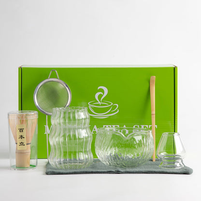 7Pcs Japanese Matcha Tea Set, Matcha Kit with Matcha Bowl (with Pouring Spout), Matcha Whisk, Whisk Holder, Strainer - Elegant Matcha Set for Gifting, Gift Box Packaging glass