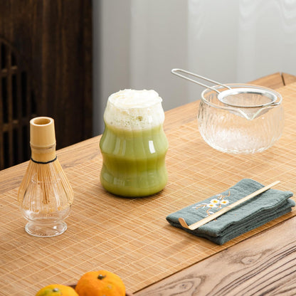 7Pcs Japanese Matcha Tea Set, Matcha Kit with Matcha Bowl (with Pouring Spout), Matcha Whisk, Whisk Holder, Strainer - Elegant Matcha Set for Gifting, Gift Box Packaging glass