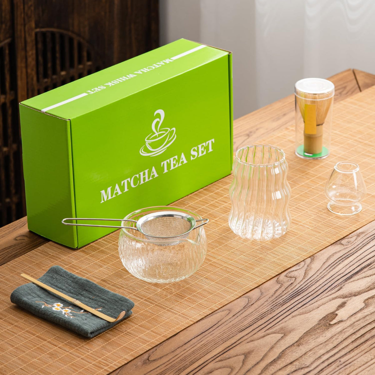 7Pcs Japanese Matcha Tea Set, Matcha Kit with Matcha Bowl (with Pouring Spout), Matcha Whisk, Whisk Holder, Strainer - Elegant Matcha Set for Gifting, Gift Box Packaging glass