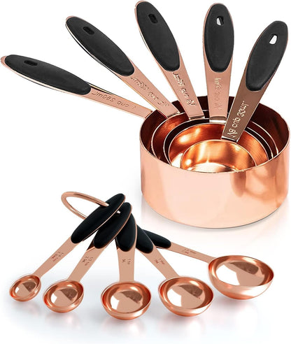 Copper Measuring Cups and Spoons Set of 10 Piece, Stainless Steel Nesting Measuring Cup Set with Soft Touch Silicone Handles for Dry and Liquid Ingredients