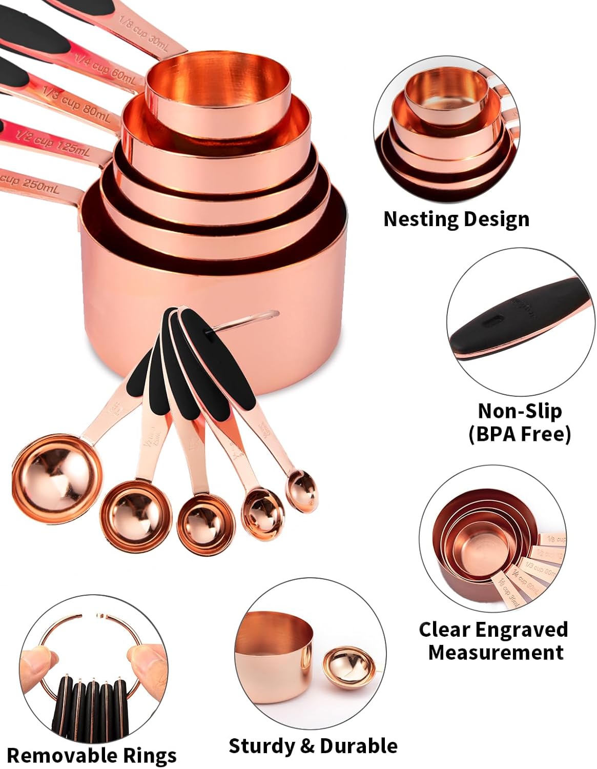 Copper Measuring Cups and Spoons Set of 10 Piece, Stainless Steel Nesting Measuring Cup Set with Soft Touch Silicone Handles for Dry and Liquid Ingredients