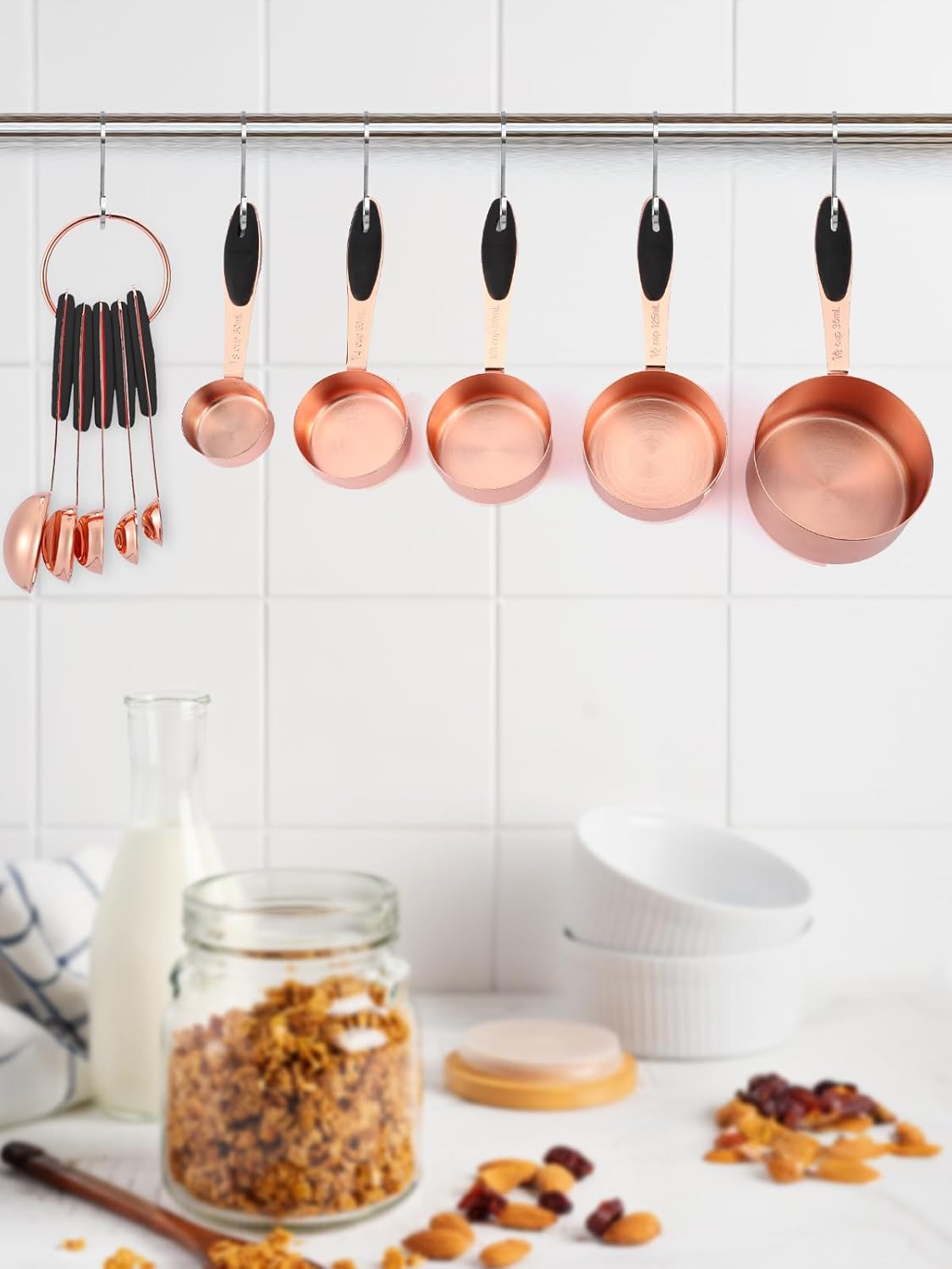Copper Measuring Cups and Spoons Set of 10 Piece, Stainless Steel Nesting Measuring Cup Set with Soft Touch Silicone Handles for Dry and Liquid Ingredients
