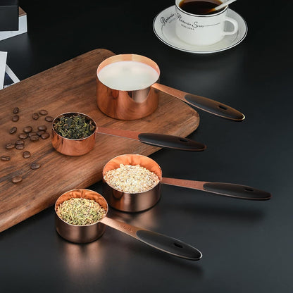 Copper Measuring Cups and Spoons Set of 10 Piece, Stainless Steel Nesting Measuring Cup Set with Soft Touch Silicone Handles for Dry and Liquid Ingredients
