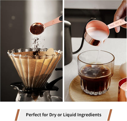 Copper Measuring Cups and Spoons Set of 10 Piece, Stainless Steel Nesting Measuring Cup Set with Soft Touch Silicone Handles for Dry and Liquid Ingredients