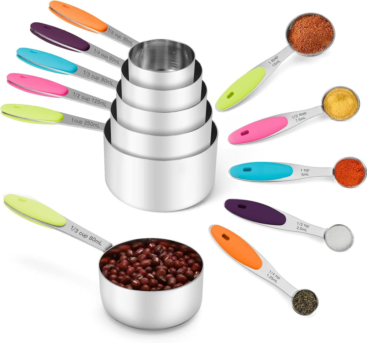 Copper Measuring Cups and Spoons Set of 10 Piece, Stainless Steel Nesting Measuring Cup Set with Soft Touch Silicone Handles for Dry and Liquid Ingredients