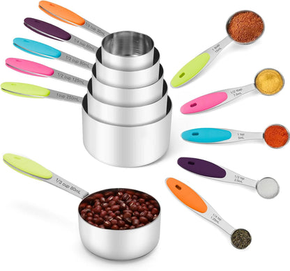 Copper Measuring Cups and Spoons Set of 10 Piece, Stainless Steel Nesting Measuring Cup Set with Soft Touch Silicone Handles for Dry and Liquid Ingredients