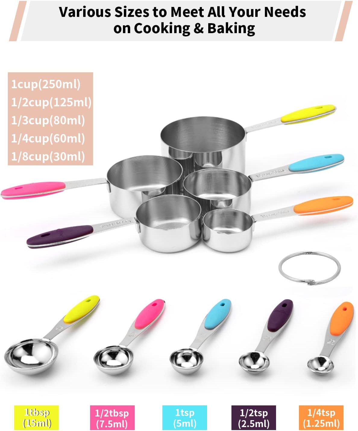 Copper Measuring Cups and Spoons Set of 10 Piece, Stainless Steel Nesting Measuring Cup Set with Soft Touch Silicone Handles for Dry and Liquid Ingredients