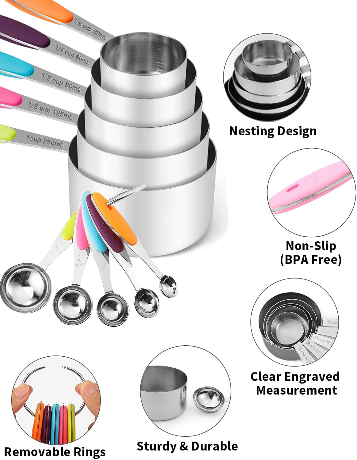 Copper Measuring Cups and Spoons Set of 10 Piece, Stainless Steel Nesting Measuring Cup Set with Soft Touch Silicone Handles for Dry and Liquid Ingredients