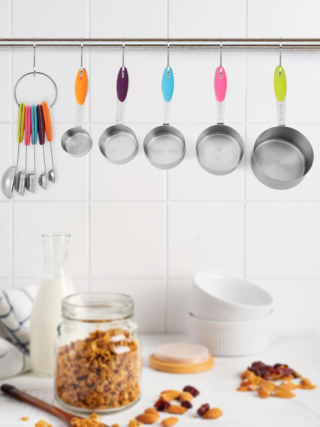 Copper Measuring Cups and Spoons Set of 10 Piece, Stainless Steel Nesting Measuring Cup Set with Soft Touch Silicone Handles for Dry and Liquid Ingredients