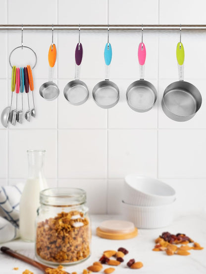 Copper Measuring Cups and Spoons Set of 10 Piece, Stainless Steel Nesting Measuring Cup Set with Soft Touch Silicone Handles for Dry and Liquid Ingredients